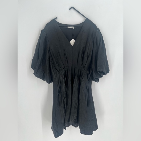 Simkhai Luisa Bubble Puffed Sleeve Satin Black Sheen Mini Dress